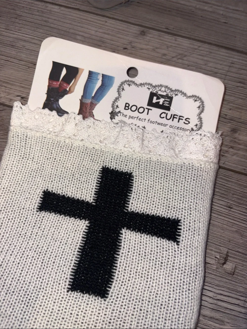 NWT grey cross leg warmers with white lace trim